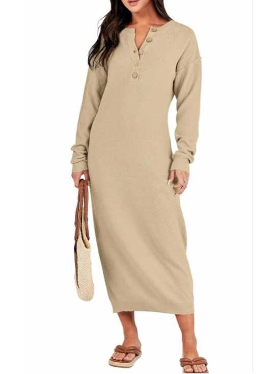 Anrabess Dresses & Skirts - NEW ANRABESS Long Sleeve Button V Neck Oversized Sweater Waffle Midi Dress M